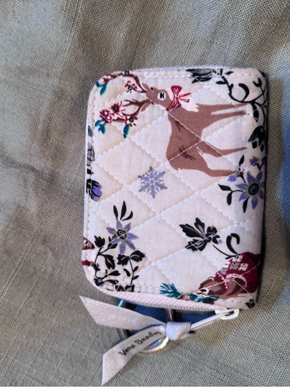 Vera Bradley Cream Quilted Zip Card Pouch with Floral Deer Accent